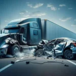 Blue semi-truck crashes into a car on a highway, with debris scattered on the road and smoke in the air.