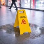 Yellow caution sign reading 'Caution Wet Floor' stands over a puddle on a tiled floor in a shopping corridor, with blurred shoppers walking in the background.